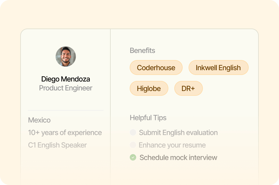 Card showing a candidate profile, benfits card and support options