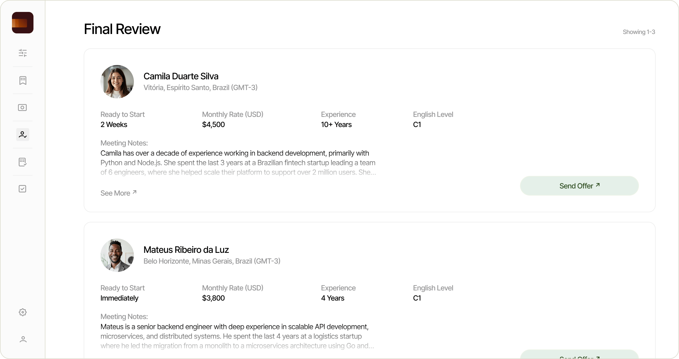Screenshot of application, this is the hire page, where the companies can see choose who will be hired