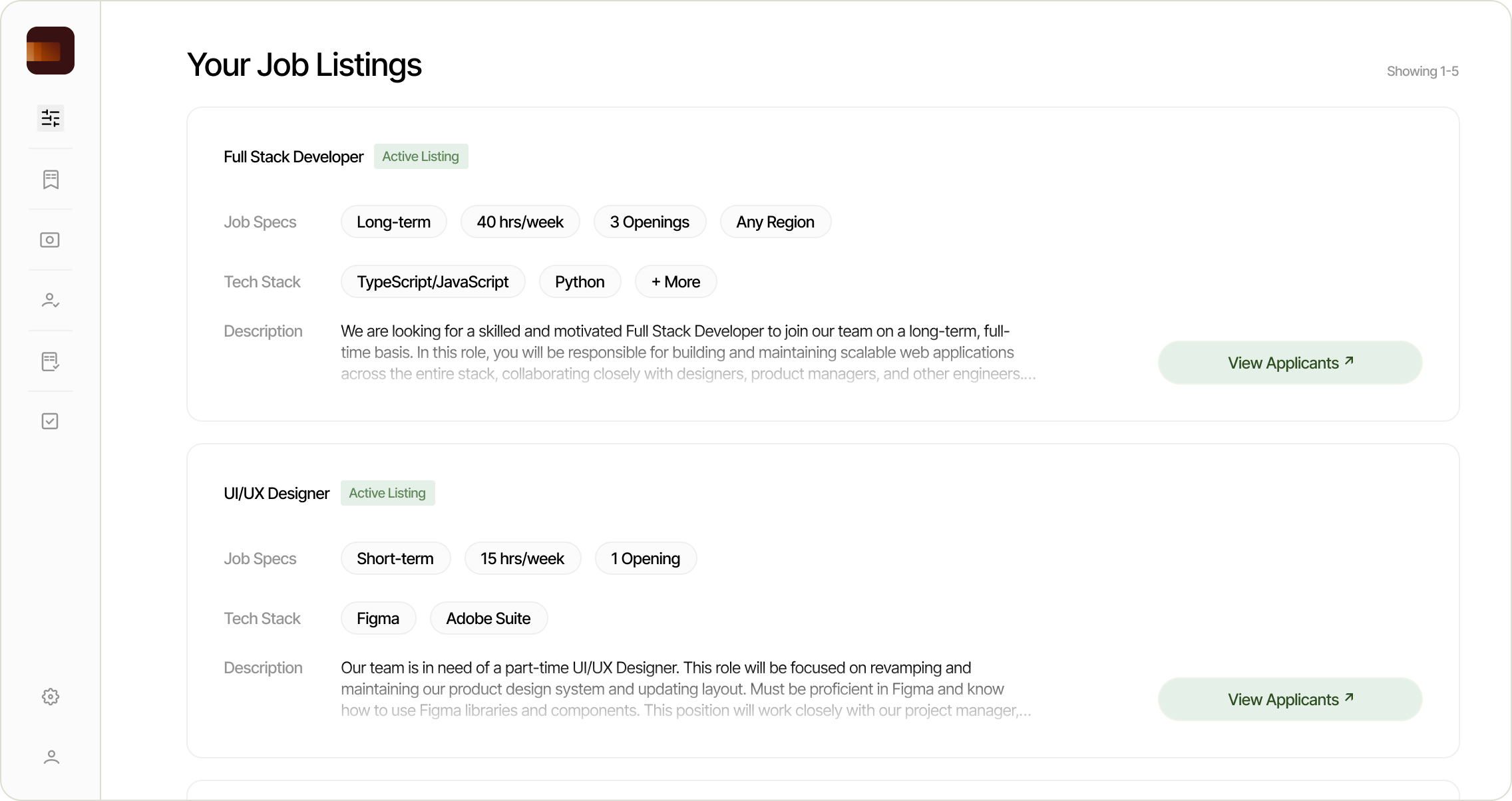 Screenshot of application, this is the job listing page, where the companies can see what are the opened positions