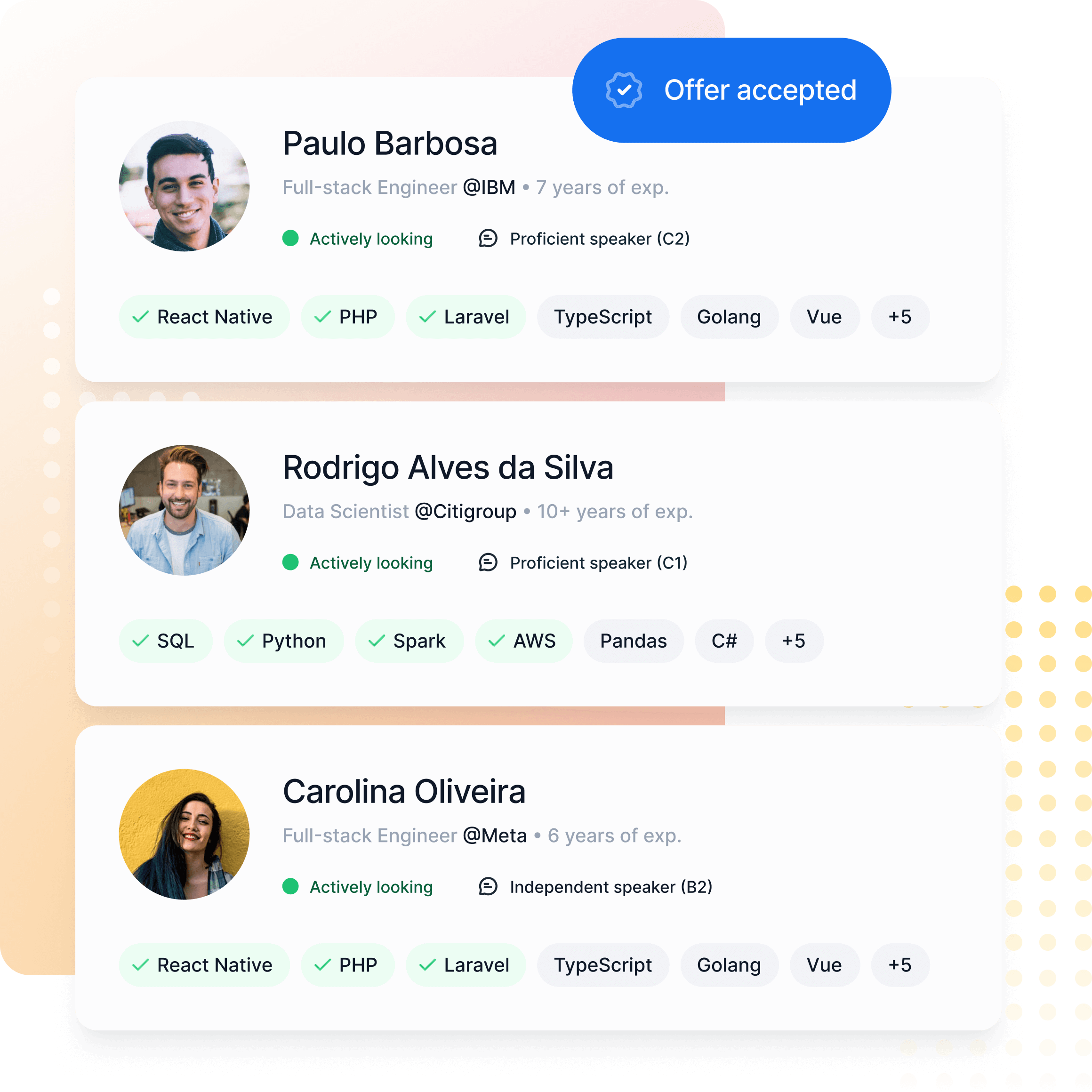 Three profiles from developers that want to be hired