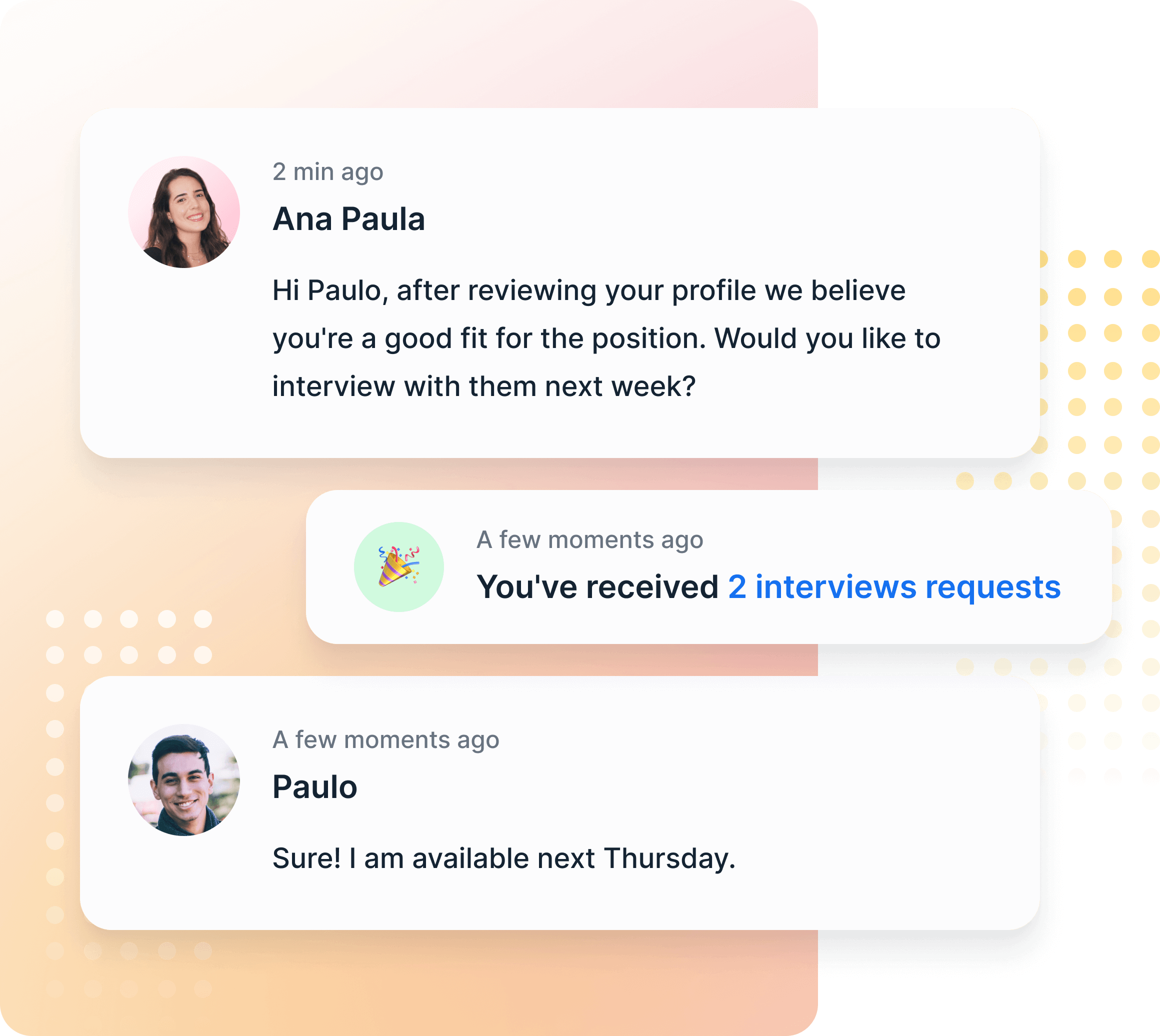 Paulo and Ana scheduling job interviews via chat