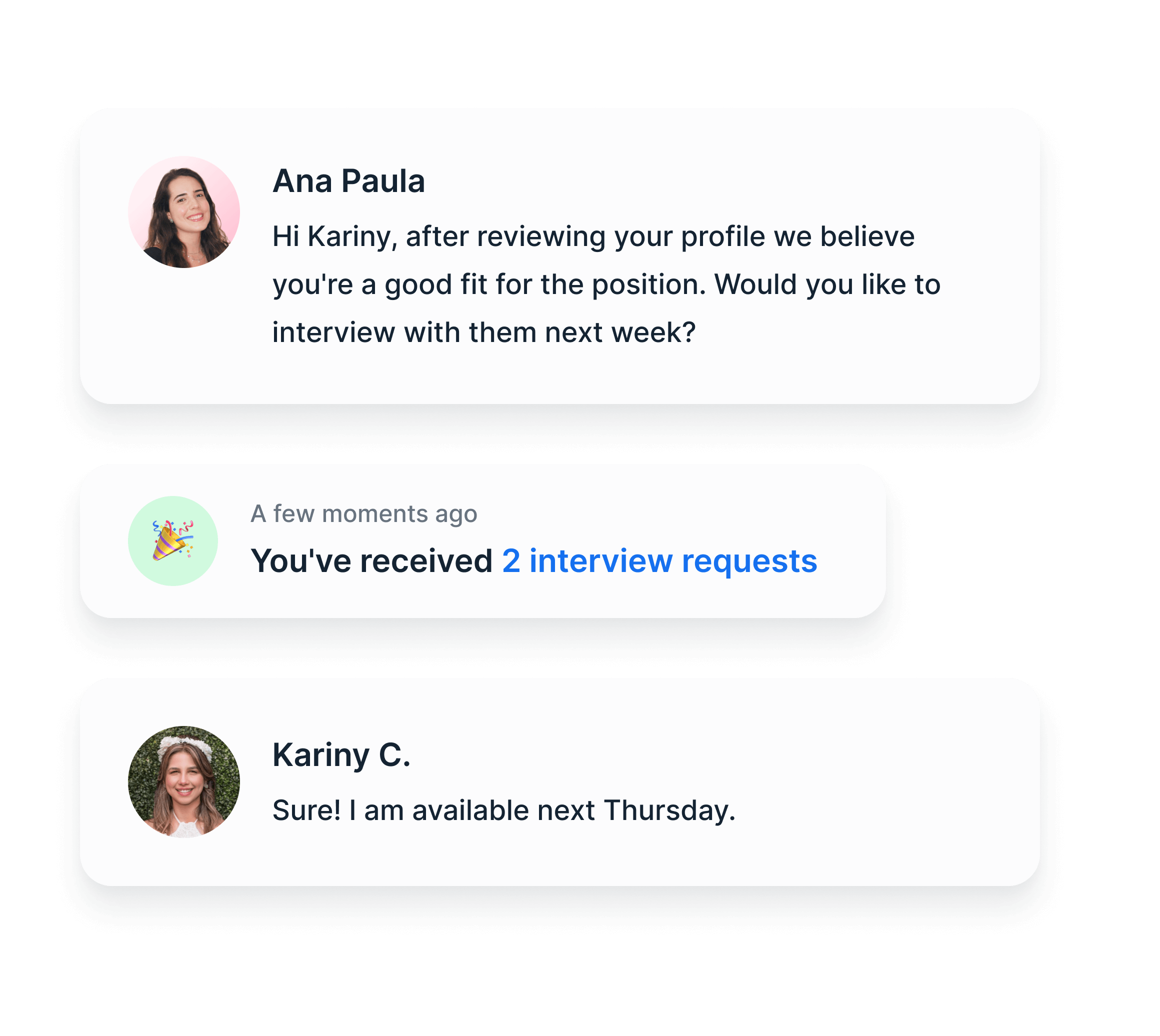 Paulo and Ana scheduling job interviews via chat